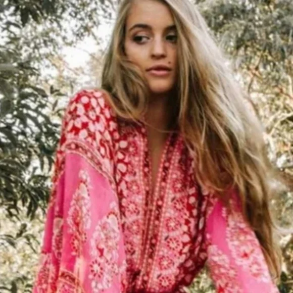 New Boho Peasant Floral Sheer Kimono Maxi Duster Jacket Cardigan Red Pink - Picture 6 of 11